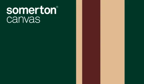 Wynstan Canvas fabric swatch product page showing deep green, burgundy and classic cream stripe colourway
